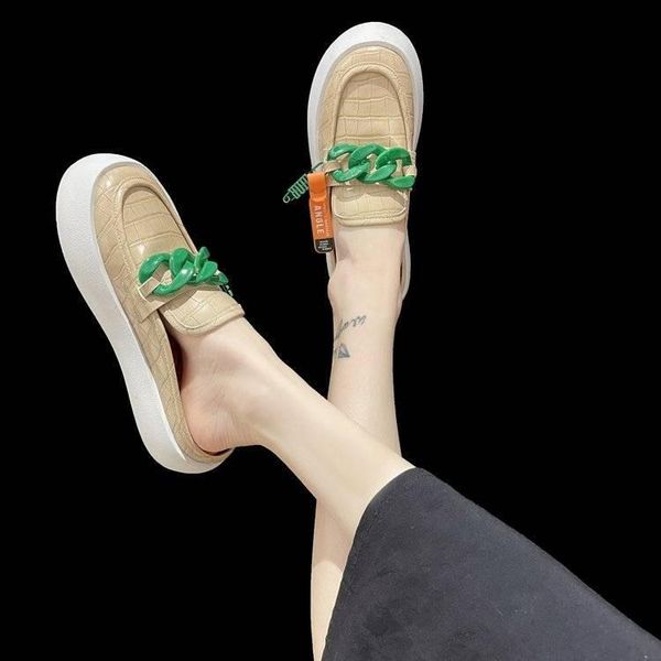 sandals brand design gold chain women slipper closed toe slip on mules round low heels casual slides flip flop plus size, Black 
sandals brand design gold chain women slipper closed toe slip on mules round low heels casual slides flip flop plus size, Black