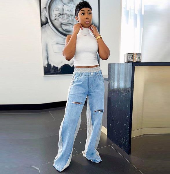 women's jeans casual two-color stitching denim womens trousers spring high waist ripped woman straight wide leg pants fashion, Blue
women's jeans casual two-color stitching denim womens trousers spring high waist ripped woman straight wide leg pants fashion, Blue