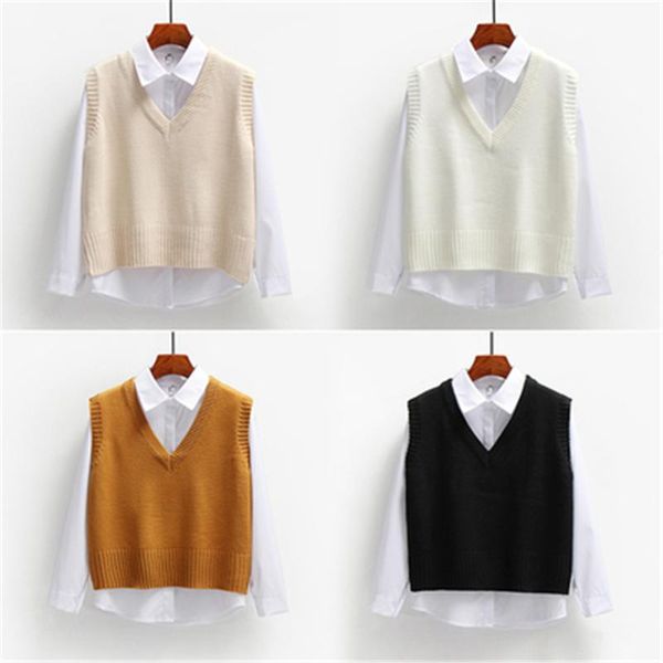 women's vests women sweater vest spring 2022 autumn short loose knitted sleeveless ladies v-neck pullover womens outerwear, Black;white
women's vests women sweater vest spring 2022 autumn short loose knitted sleeveless ladies v-neck pullover womens outerwear, Black;white