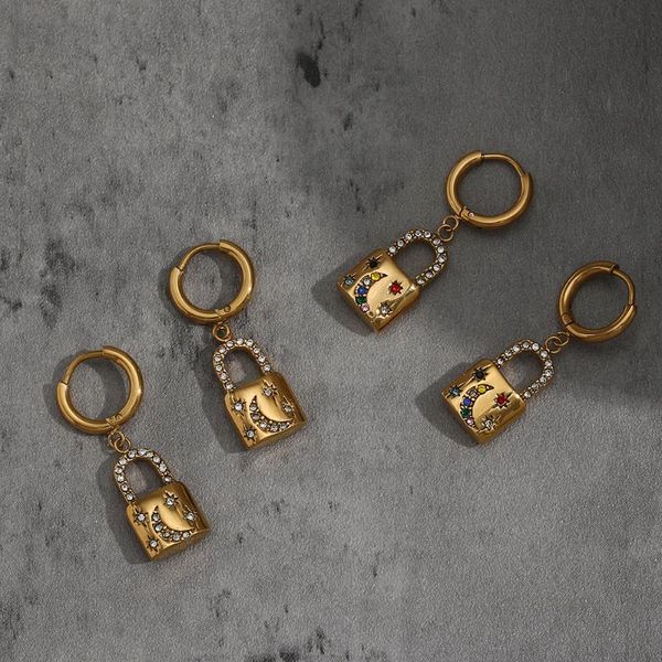 hoop & huggie arrival  trendy gold plated stainless steel waterproof tarnish earrings zircon lock cute for women, Golden;silver
hoop & huggie arrival  trendy gold plated stainless steel waterproof tarnish earrings zircon lock cute for women, Golden;silver