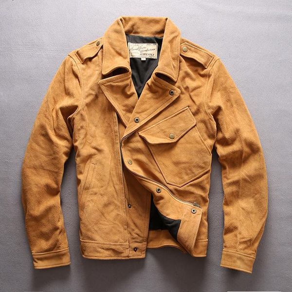 men's leather & faux men vintage yellow cow suede motorcycle jacket fashion diagonal zipper large lapel cowhide desert biker jackets, Black
men's leather & faux men vintage yellow cow suede motorcycle jacket fashion diagonal zipper large lapel cowhide desert biker jackets, Black