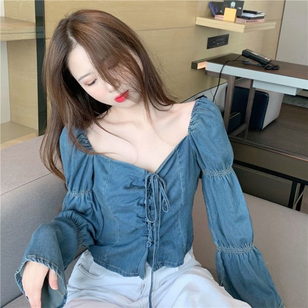 lucyever fashion slim lace up v-neck denim shirts women summer elegant puff long sleeve shirts woman casual short blouses ladies 210521, White
lucyever fashion slim lace up v-neck denim shirts women summer elegant puff long sleeve shirts woman casual short blouses ladies 210521, White