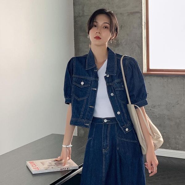 women's jackets 2021 korean style summer simple fashion lapel single breasted puff short sleeve denim jacket women, Black;brown
women's jackets 2021 korean style summer simple fashion lapel single breasted puff short sleeve denim jacket women, Black;brown