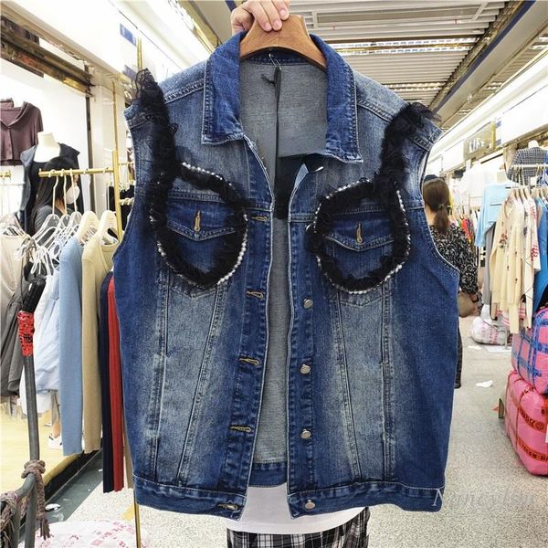 women's vests single-breasted beaded mesh stitching loose all-matching jeans vest coat for women street outwears, Black;white
women's vests single-breasted beaded mesh stitching loose all-matching jeans vest coat for women street outwears, Black;white