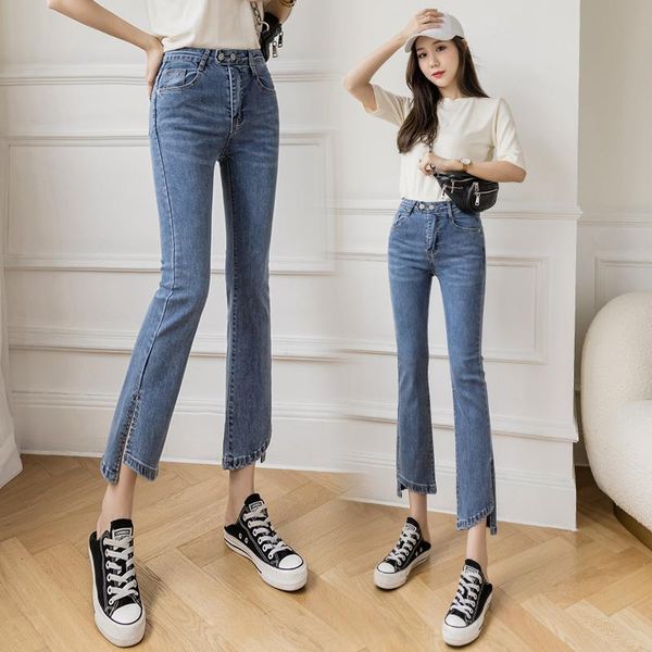women's jeans side split 2021 summer high street ins slim cropped irregular straight pants for women, Blue 
women's jeans side split 2021 summer high street ins slim cropped irregular straight pants for women, Blue