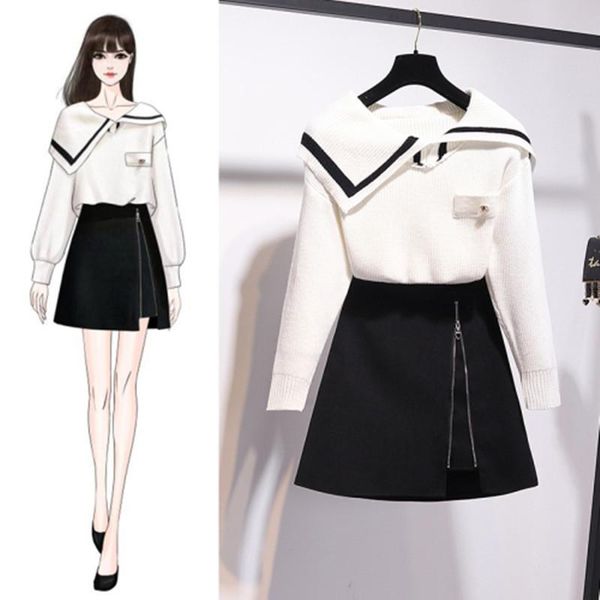 two piece dress autumn and winter fashion runway women's slant shoulder sweater pieces sets +black irregular skirts, White
two piece dress autumn and winter fashion runway women's slant shoulder sweater pieces sets +black irregular skirts, White