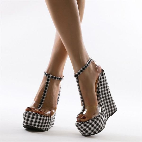 plaid wedge sandals women shoes t-strap platform high heels summer transparent, Black
plaid wedge sandals women shoes t-strap platform high heels summer transparent, Black