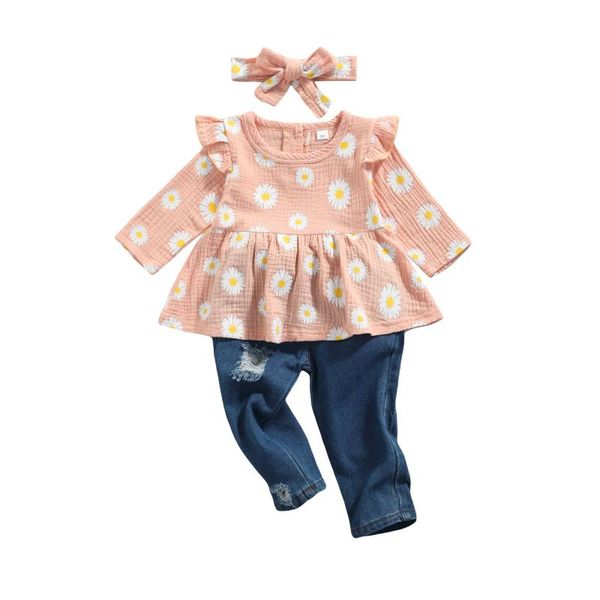 clothing sets 3pcs little girls outfit, sweet style daisy printing long sleeve wide hem + ripped denim trousers headwear set, White
clothing sets 3pcs little girls outfit, sweet style daisy printing long sleeve wide hem + ripped denim trousers headwear set, White