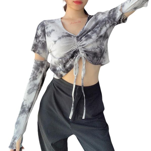 women's t-shirt women v-neck drawstring strap tie-dye hollow out vertical stripe pit long sleeve party vacation short crop, White
women's t-shirt women v-neck drawstring strap tie-dye hollow out vertical stripe pit long sleeve party vacation short crop, White