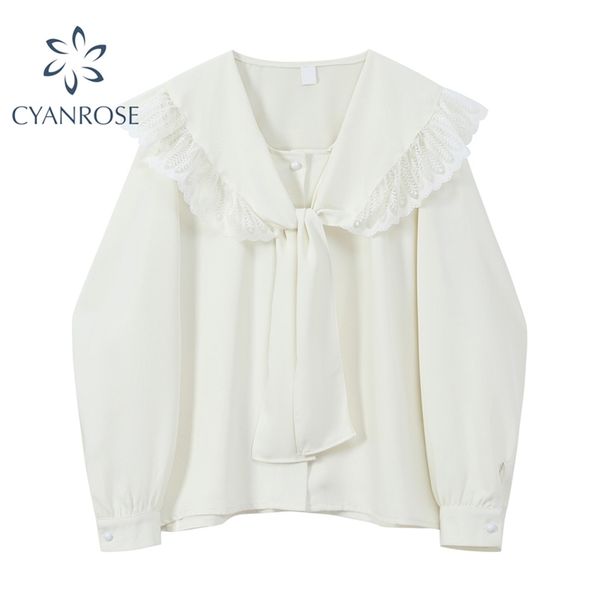 apricot blouses women long sleeve sailor ruffle bandage collar preppy style shirt v neck student korean retro blusas 210430, White
apricot blouses women long sleeve sailor ruffle bandage collar preppy style shirt v neck student korean retro blusas 210430, White