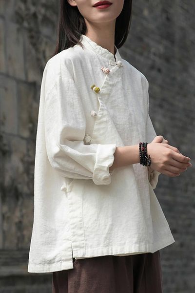 women's blouses & shirts chinese styleloose cotton and linen ethnic style tang suit tea service jacket retro shirt blusa de mujer, White
women's blouses & shirts chinese styleloose cotton and linen ethnic style tang suit tea service jacket retro shirt blusa de mujer, White