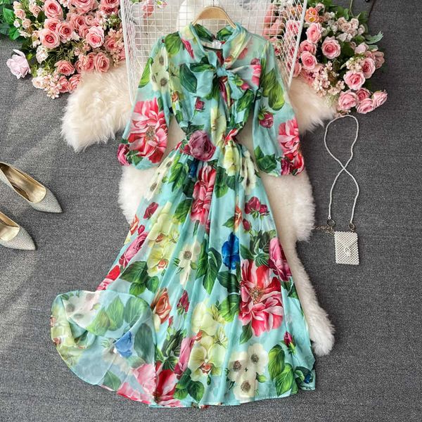 summer green floral chiffon long dress bohemian women bow collar puff sleeve high waist vestidos ladies a-line robe beach 2021 y0603, Black;gray
summer green floral chiffon long dress bohemian women bow collar puff sleeve high waist vestidos ladies a-line robe beach 2021 y0603, Black;gray
