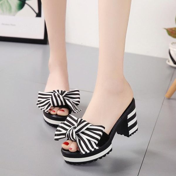 slippers 2021 summer high heel female thick with sandals and sweet striped bow, Black
slippers 2021 summer high heel female thick with sandals and sweet striped bow, Black