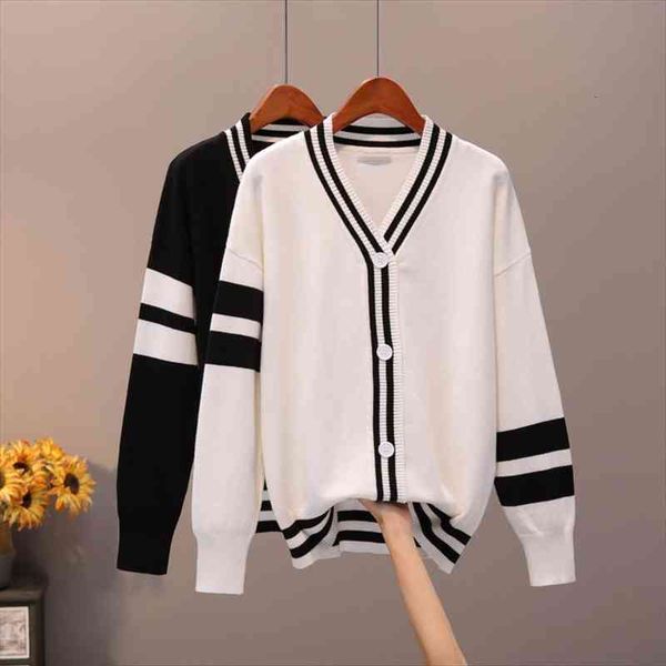 school style knitted autumn loose women sweaters cardigan korean long-sleeve striped v-neck sweater, White;black
school style knitted autumn loose women sweaters cardigan korean long-sleeve striped v-neck sweater, White;black