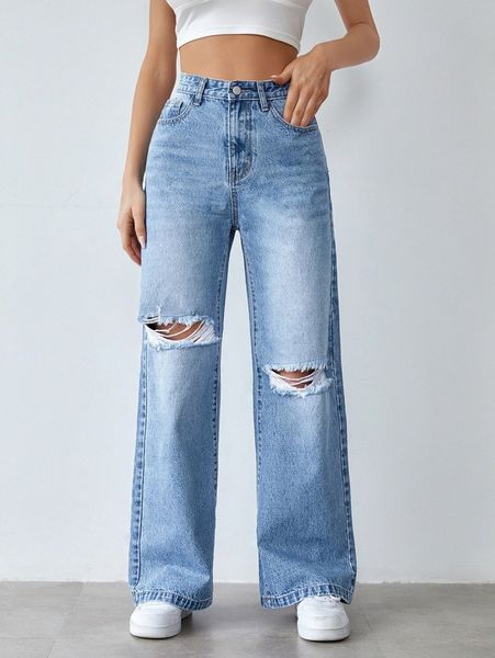 high waist ripped wide leg jeans v9m8#, Blue