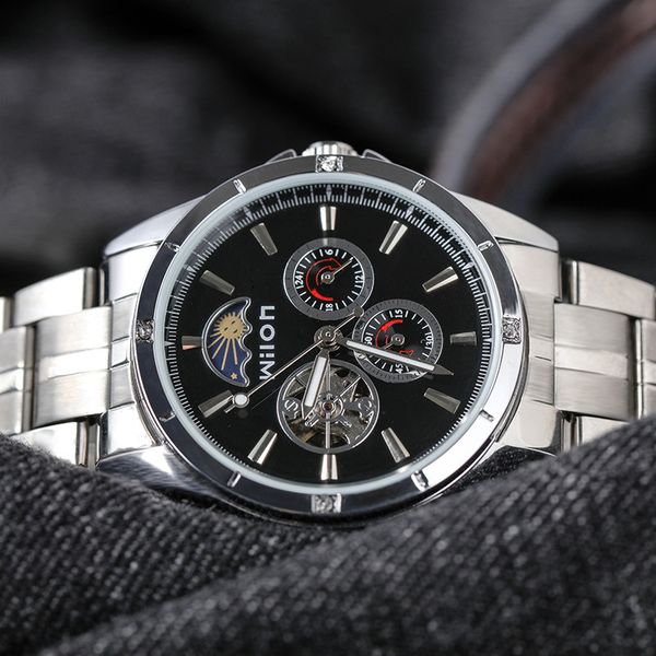 weilong wilon automatic mechanical watch business hollow three eye multifunctional steel band men's watch, Slivery;brown