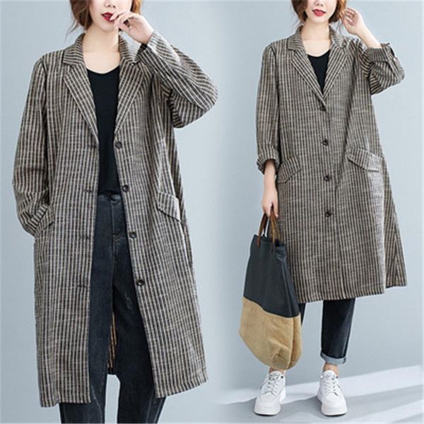 women's trench coats 2021 autumn fashion mid-length suit collar long-sleeved retro striped cotton and linen loose windbreaker jacket fe, Tan;black
women's trench coats 2021 autumn fashion mid-length suit collar long-sleeved retro striped cotton and linen loose windbreaker jacket fe, Tan;black