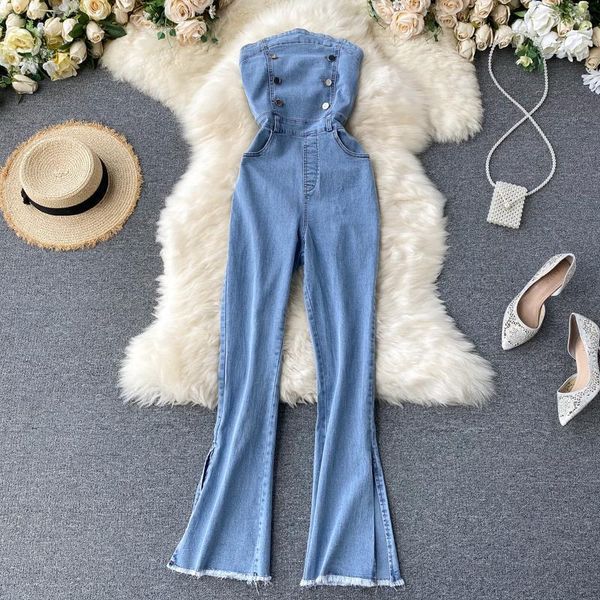 regular strapless jeans buttons womens jumpsuit fashion pockets split denim wide leg outfits, Black;white
regular strapless jeans buttons womens jumpsuit fashion pockets split denim wide leg outfits, Black;white