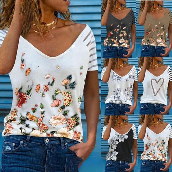 women's t-shirt women casual printing short sleeve v-neck loose summer womens graphic female tee clothing chemises fleurs, White
women's t-shirt women casual printing short sleeve v-neck loose summer womens graphic female tee clothing chemises fleurs, White
