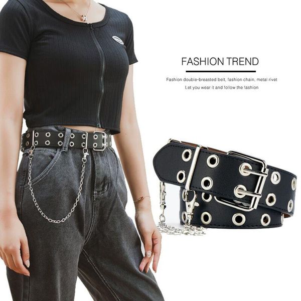 belts punk fashion pu leather belt with chain golden double row holes pin buckle waist jeans trousers women men waistband 2021, Black;brown 
belts punk fashion pu leather belt with chain golden double row holes pin buckle waist jeans trousers women men waistband 2021, Black;brown