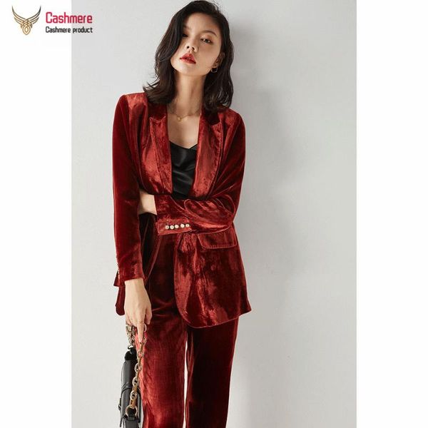 women's two piece pants suit jacket retro casual velvet female autumn wine red simple silk elegant pure color trousers, White
women's two piece pants suit jacket retro casual velvet female autumn wine red simple silk elegant pure color trousers, White