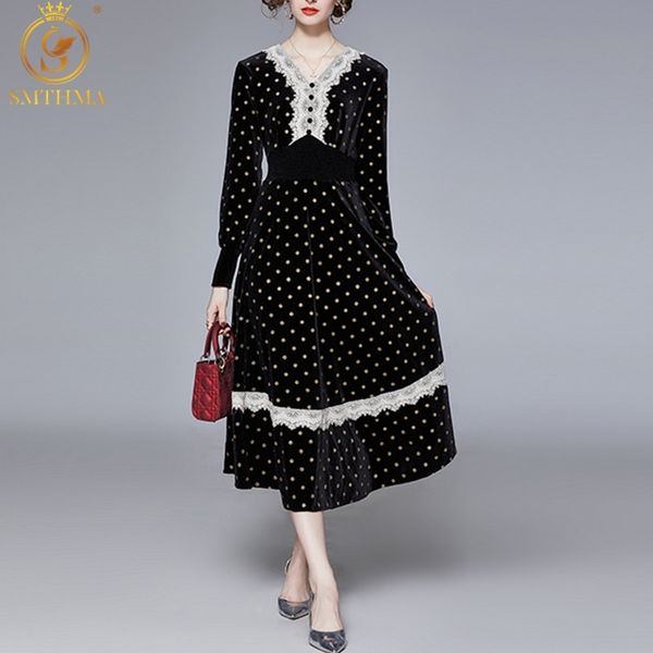 fashion designer autumn elegant black dot velvet dresses women luxury lace patchwork vintage midi vestidos 210520, Black;gray
fashion designer autumn elegant black dot velvet dresses women luxury lace patchwork vintage midi vestidos 210520, Black;gray