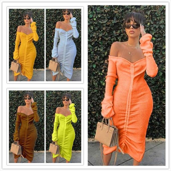 autumn off the shoulder long women dresses sleeved pure color draw string womens vestido de mujer blk1395, Black;gray
autumn off the shoulder long women dresses sleeved pure color draw string womens vestido de mujer blk1395, Black;gray