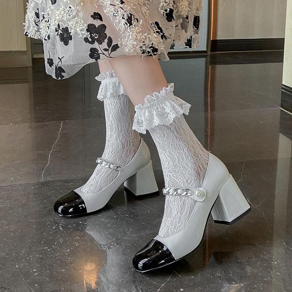 dress shoes mary janes women fashion genuine leather thick high heels pumps 2021 summer autumn wedding party woman, Black