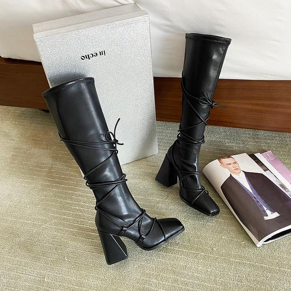 boots women's black leather knee high square toe strap cross heels shoes knight pull on n36
boots women's black leather knee high square toe strap cross heels shoes knight pull on n36
