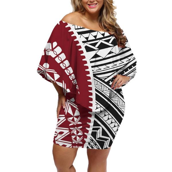 casual dresses hycool wholesale polynesian tribal stripe design women slash sleeve short dress 2021 fashion ruffle plus size, Black;gray