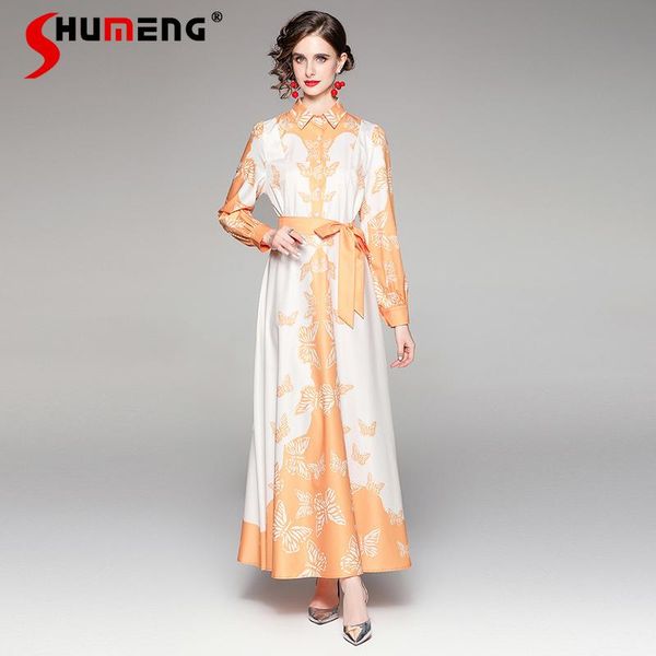 casual dresses 2021 fall women's thin butterfly printed long dress european fashion boho mid waist collar bandage zipper women, Black;gray 
casual dresses 2021 fall women's thin butterfly printed long dress european fashion boho mid waist collar bandage zipper women, Black;gray