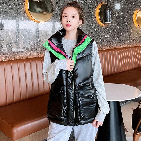 women's vests autumn and winter cotton vest shiny stand-up collar contrast color short thick loose waistcoat sleeveless jacket, Black;white
women's vests autumn and winter cotton vest shiny stand-up collar contrast color short thick loose waistcoat sleeveless jacket, Black;white