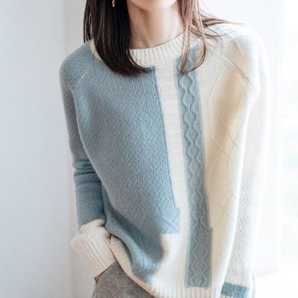 women's sweaters 100% wool sweater round neck color matching women loose wild cashmere knitted short coat jacket pullover spring and au, White;black
women's sweaters 100% wool sweater round neck color matching women loose wild cashmere knitted short coat jacket pullover spring and au, White;black