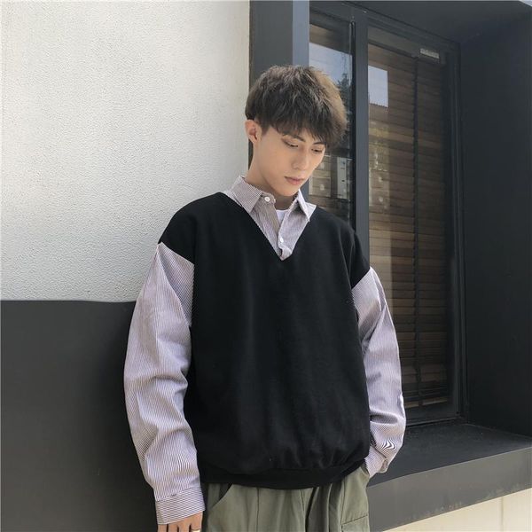 men's fake two-piece business casual shirt korean fashion loose harajuku streetwear long-sleeved men retro stitching shirts, White;black
men's fake two-piece business casual shirt korean fashion loose harajuku streetwear long-sleeved men retro stitching shirts, White;black