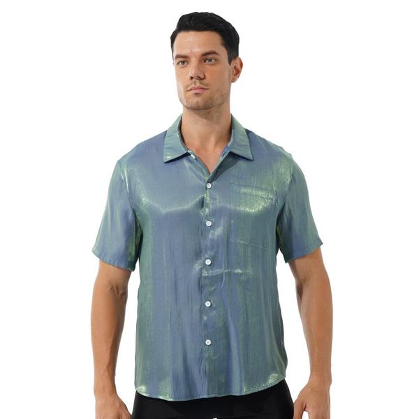men's casual shirts mens male clothing fashion glossy turn-down collar short sleeve shirt loose solid color button down with pocket, White;black
men's casual shirts mens male clothing fashion glossy turn-down collar short sleeve shirt loose solid color button down with pocket, White;black