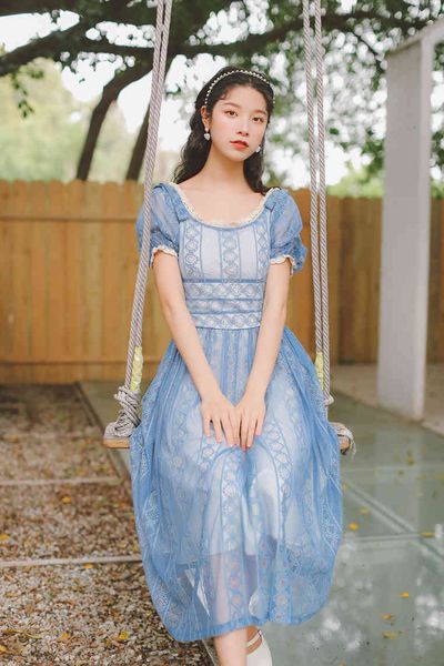 gorgeous a line blue lace stylish o-neck short puff sleeve waist-controlled crochet bow women vintage pleated dress, Black;gray
gorgeous a line blue lace stylish o-neck short puff sleeve waist-controlled crochet bow women vintage pleated dress, Black;gray