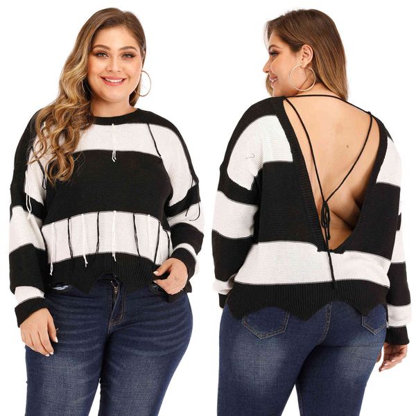 women's plus size large baless bla and white stripe color matching fringe irregular woven pullover 190707
women's plus size large baless bla and white stripe color matching fringe irregular woven pullover 190707