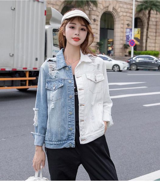 women's jackets hebaoli 2021 fashion autumn personal leisure hole two color patchwork torn by hand front and back buttons jeans jacket, Black;brown
women's jackets hebaoli 2021 fashion autumn personal leisure hole two color patchwork torn by hand front and back buttons jeans jacket, Black;brown