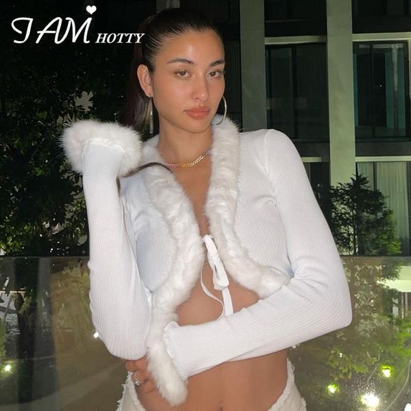 women's t-shirt furry feathers patchwork lace up cardigan women ribbed pure color long sleeve elegant casual cropped iamty, White
women's t-shirt furry feathers patchwork lace up cardigan women ribbed pure color long sleeve elegant casual cropped iamty, White