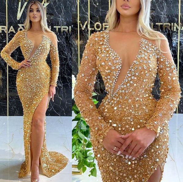 2021 plus size arabic aso ebi gold mermaid sequined prom dresses high split beaded crystals evening formal party second receipion gowns dres, Black
2021 plus size arabic aso ebi gold mermaid sequined prom dresses high split beaded crystals evening formal party second receipion gowns dres, Black