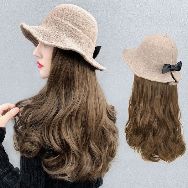 hat net red bow one curly big wave wig women's long hair natural full headgear, Black
hat net red bow one curly big wave wig women's long hair natural full headgear, Black