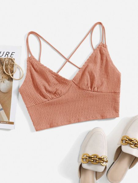 crisscross back shirred cami m43x#, White
crisscross back shirred cami m43x#, White