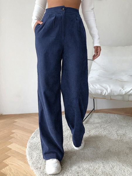 high waist cord wide leg pants b8a5#, Black;white