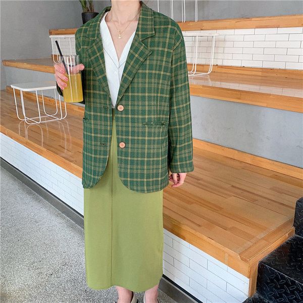 green plaid all match casual women loose chic fresh streetwear fashion elegant office lady full-sleeved blazers 210421, White;black
green plaid all match casual women loose chic fresh streetwear fashion elegant office lady full-sleeved blazers 210421, White;black