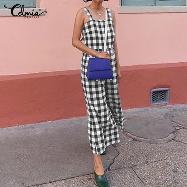 women's jumpsuits & rompers celmia women strapless summer elegant ol plaid sleeveless wide leg pants casual loose pantalon femme, Black;white 
women's jumpsuits & rompers celmia women strapless summer elegant ol plaid sleeveless wide leg pants casual loose pantalon femme, Black;white