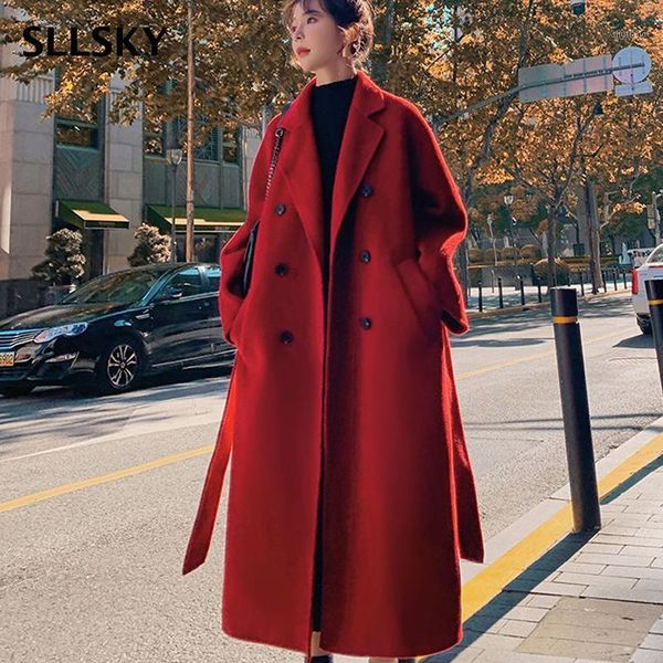 women's wool & blends sllsky korea loose long women coat 2021 spring autumn sleeve jacket belt woolen overcoat split hem cardigan outer, Black
women's wool & blends sllsky korea loose long women coat 2021 spring autumn sleeve jacket belt woolen overcoat split hem cardigan outer, Black