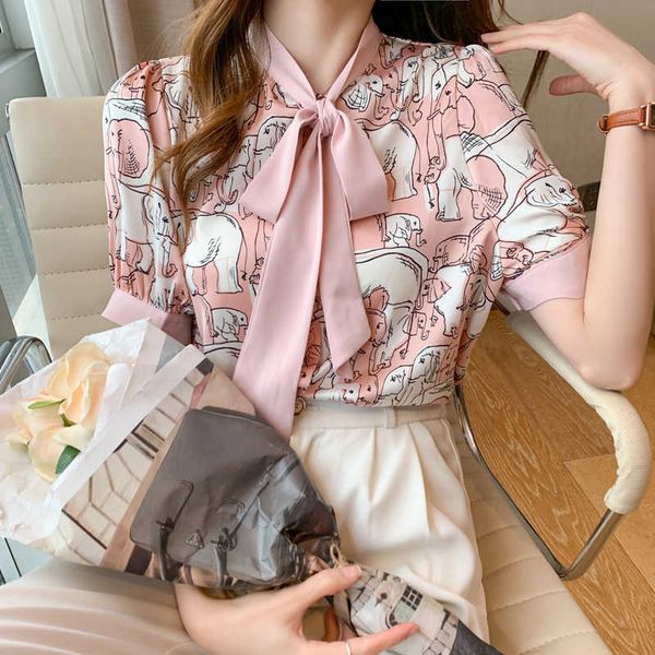 fashion womens floral shirt v-neck summer women's clothing puff-sleeved woman chiffon shirts ol bow printing female blouses 210604, White 
fashion womens floral shirt v-neck summer women's clothing puff-sleeved woman chiffon shirts ol bow printing female blouses 210604, White