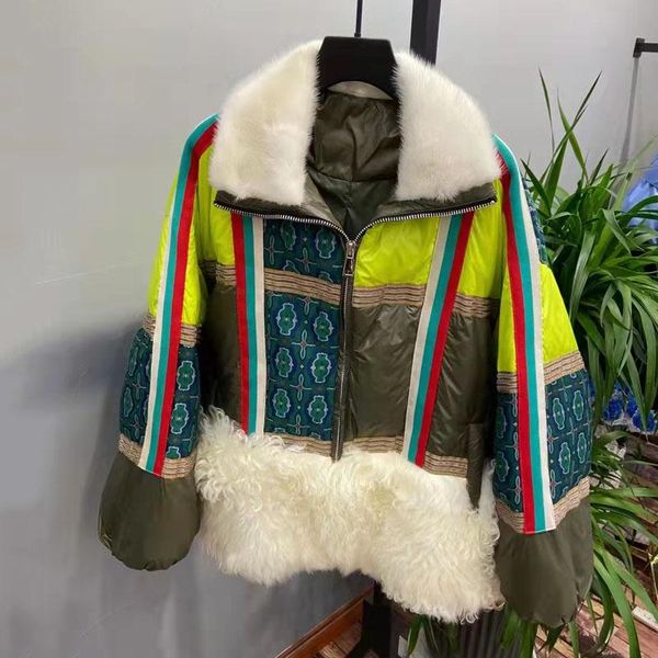 women's fur & faux women coat winter natural real sheep patchwork 90% white duck down jacket with genuine mink collar thick warm colorf, Black
women's fur & faux women coat winter natural real sheep patchwork 90% white duck down jacket with genuine mink collar thick warm colorf, Black