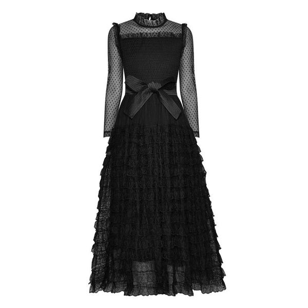 casual dresses spotted sheer mesh tulle ruffles high collar long sleeved sash belt black lace party dress ceremony woman ball gown, Black;gray
casual dresses spotted sheer mesh tulle ruffles high collar long sleeved sash belt black lace party dress ceremony woman ball gown, Black;gray