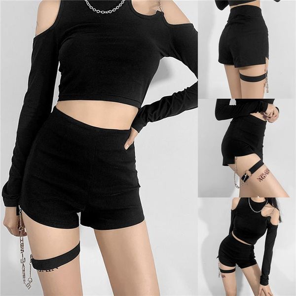women's shorts women high waist straight-leg black solid color casual with decorative chain, White;black
women's shorts women high waist straight-leg black solid color casual with decorative chain, White;black